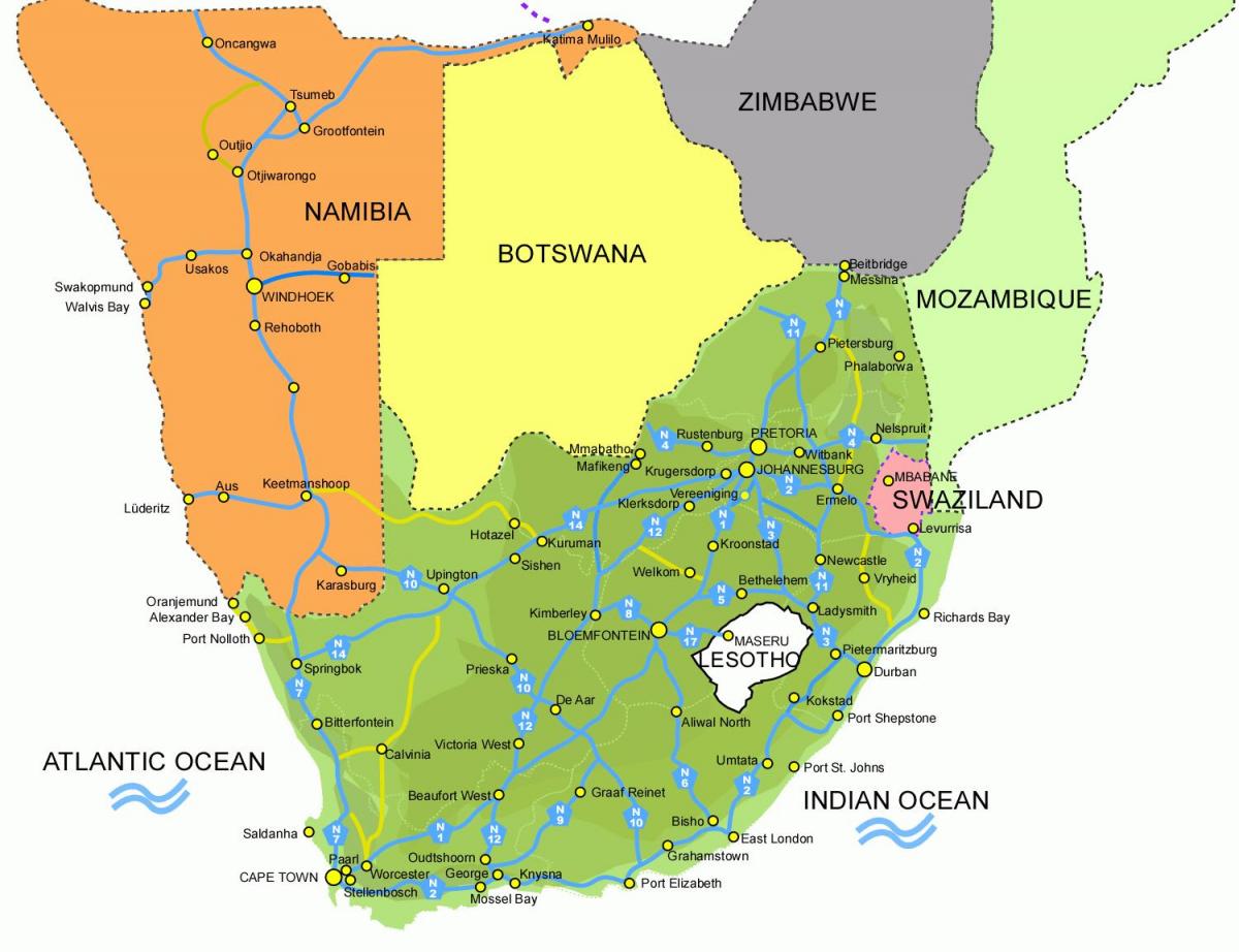 kaart van Lesotho en zuid-afrika